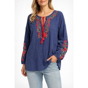 Umgee Navy Embroidered Boho Peasant Top Tassel Tie Long Sleeve Women'